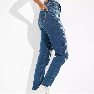 American Eagle Mom Jeans Stretch High Waisted Rise Ripped Dark Wash AEO 90s